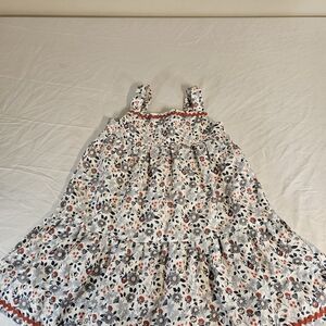 Girls White Floral Tiered Sundress with Navy and Red Accents